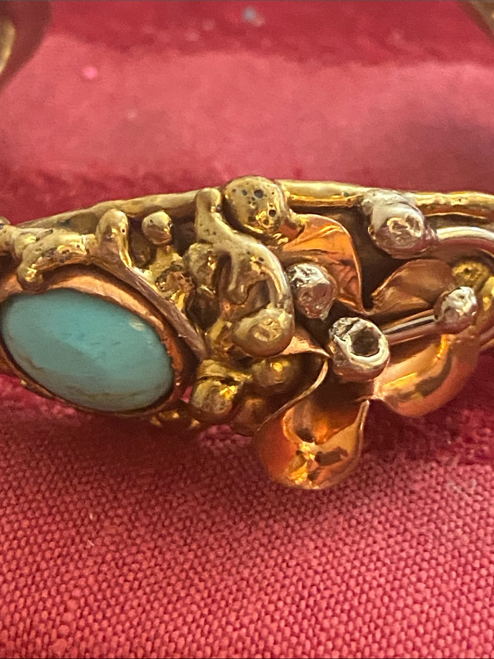 Vintage 80s Hammered Mix Metals & Turquoise Stone Cuff Bracelet - Picture 6 of 9